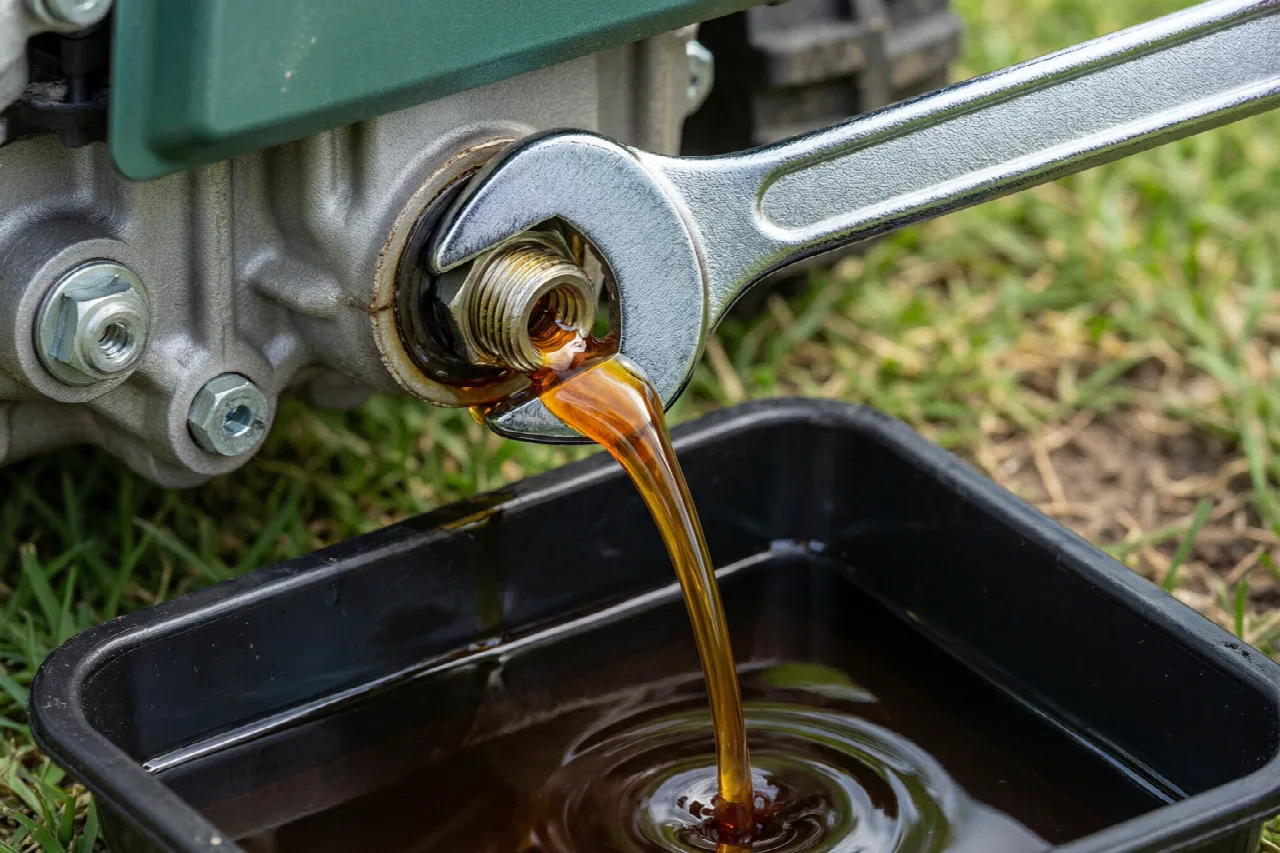 Removing oil drain plug from lawn mower engine into collection pan during oil change