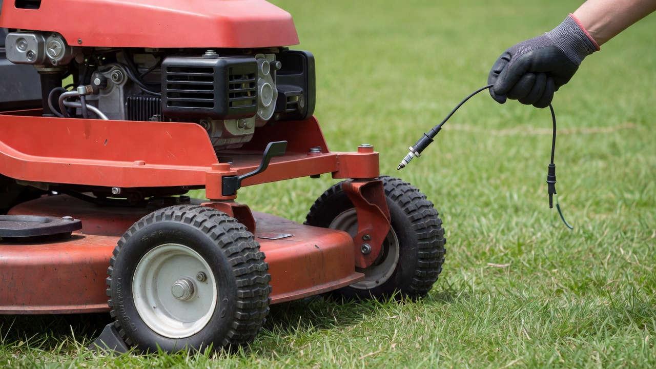 Riding lawn mower on level ground with spark plug wire disconnected for safety
