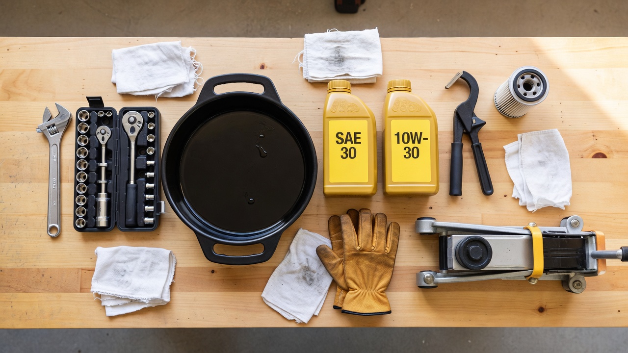 What You’ll Need Before Starting Overhead view of organized tools and supplies for a lawn mower oil change laid out on a workbench