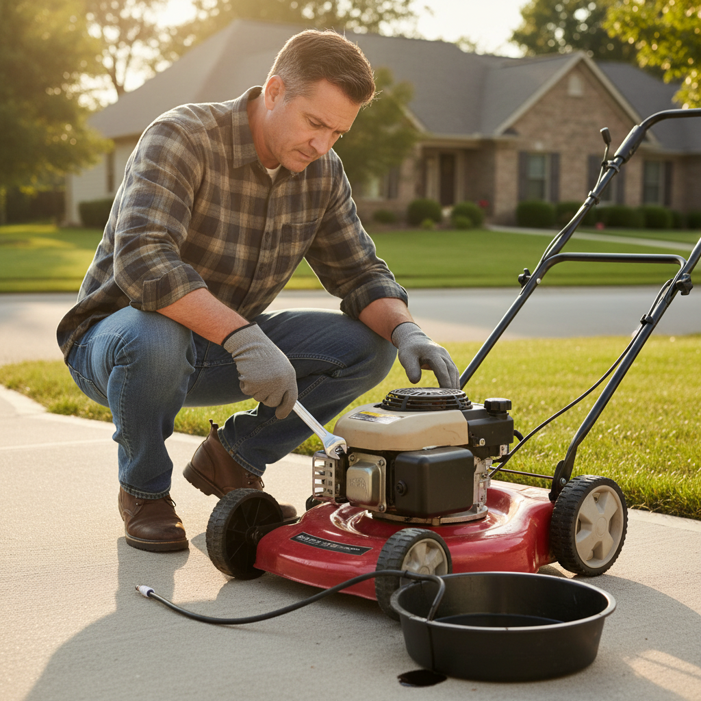 How to Change the Oil in Your Lawn Mower: A Complete Step-by-Step Guide Homeowner preparing a red lawn mower for an oil change with a wrench and drain pan.