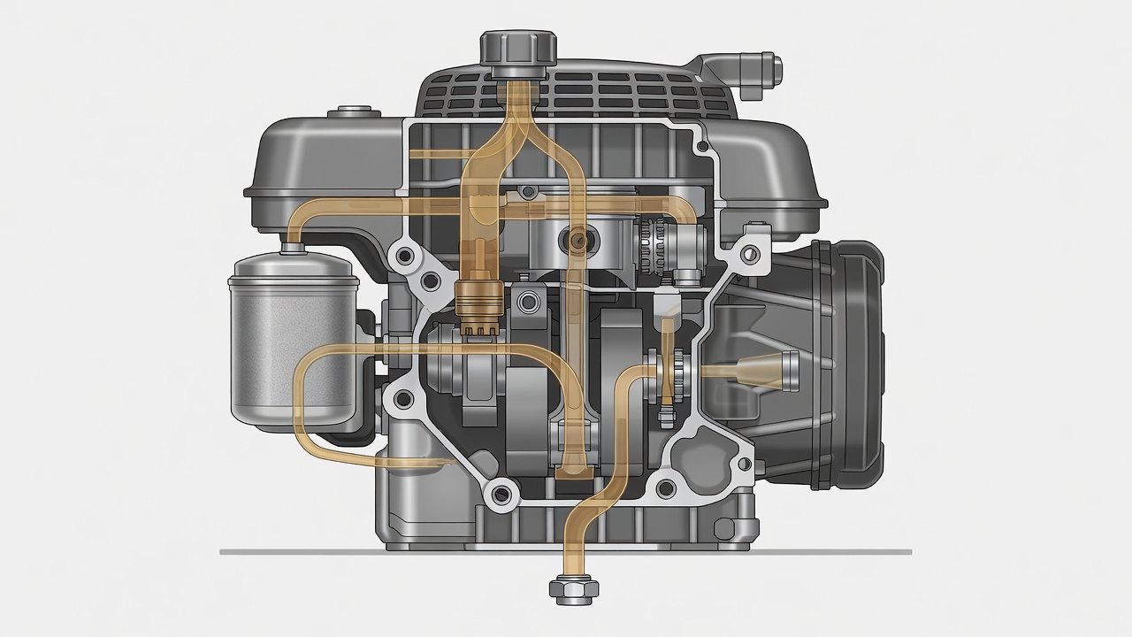 How to Change Oil on a Husqvarna Riding Lawn Mower: A Step-by-Step Guide Lawn mower engine cross-section showing oil drain plug, filter, and fill cap locations