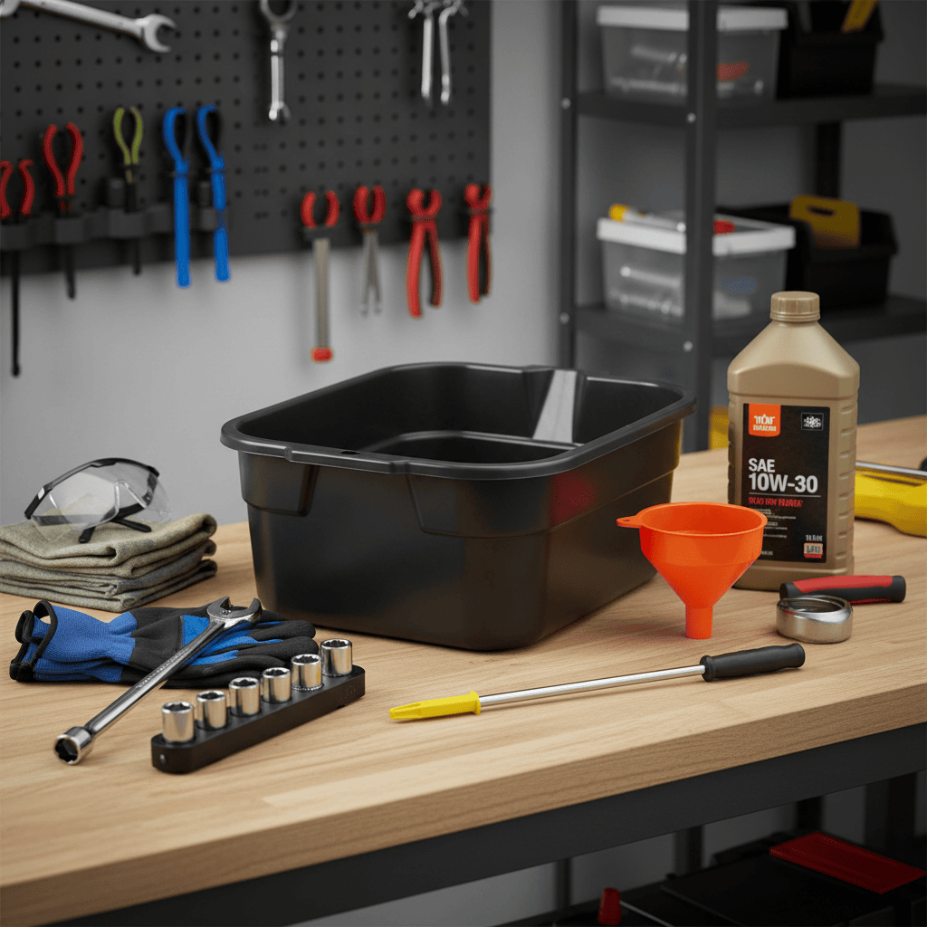 Tools and materials needed for lawn mower oil change arranged on work surface