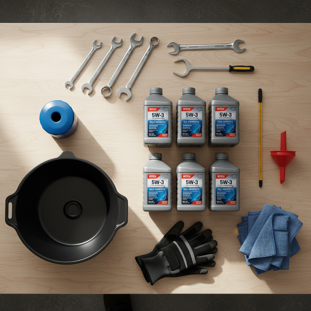 How Do You Change Oil on a Riding Lawn Mower? (Step-by-Step Guide) Organized collection of oil change tools and materials laid out on a workbench