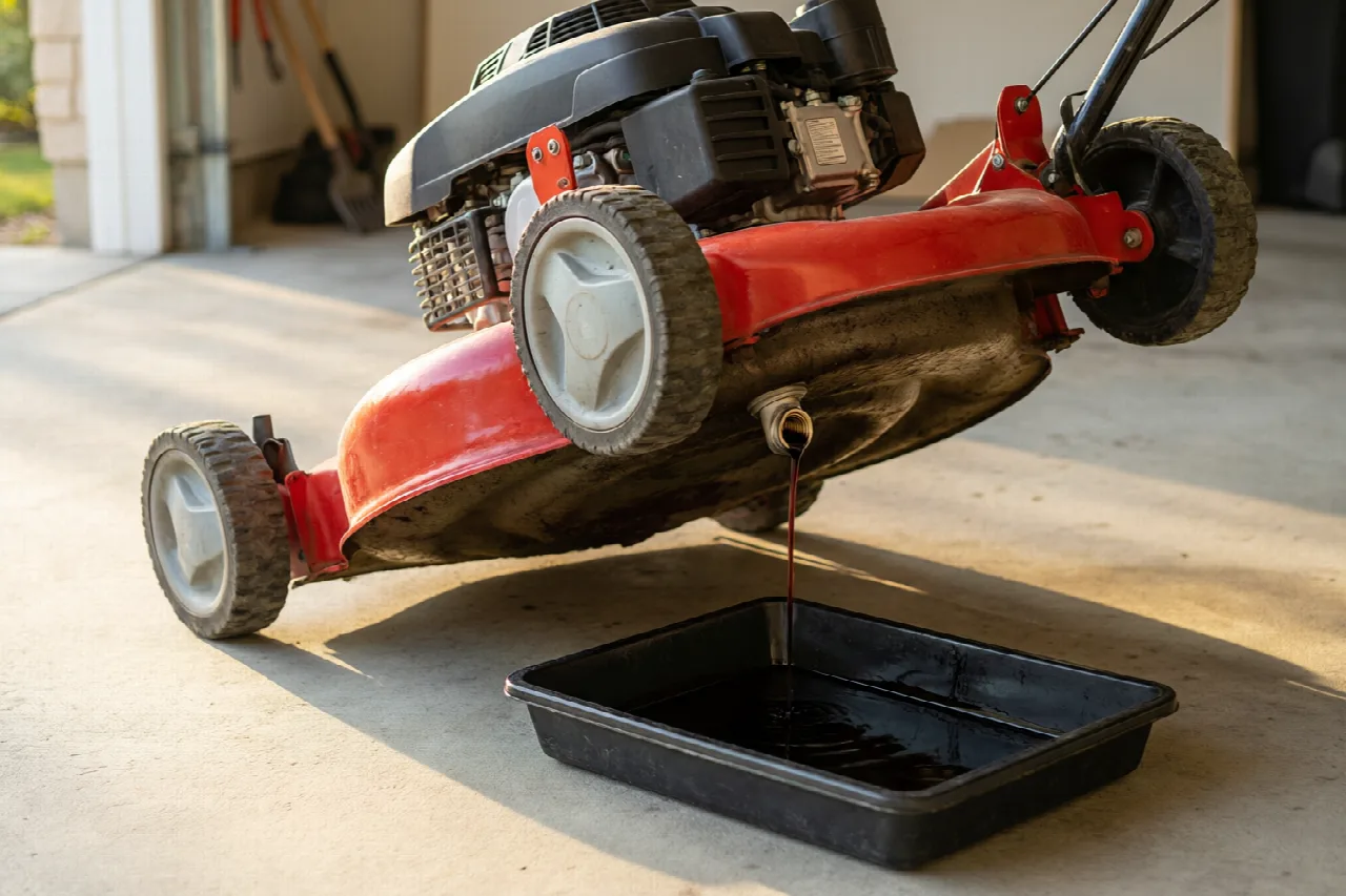 How to Change Oil on a Toro Lawn Mower Walk-behind lawn mower tipped on its side draining oil into a pan