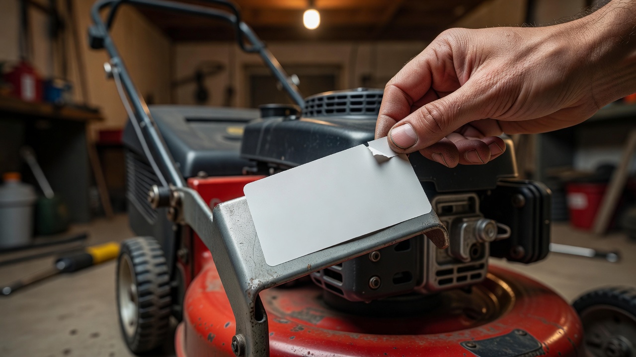 Hand locating the model number sticker on the frame of a walk-behind lawn mower