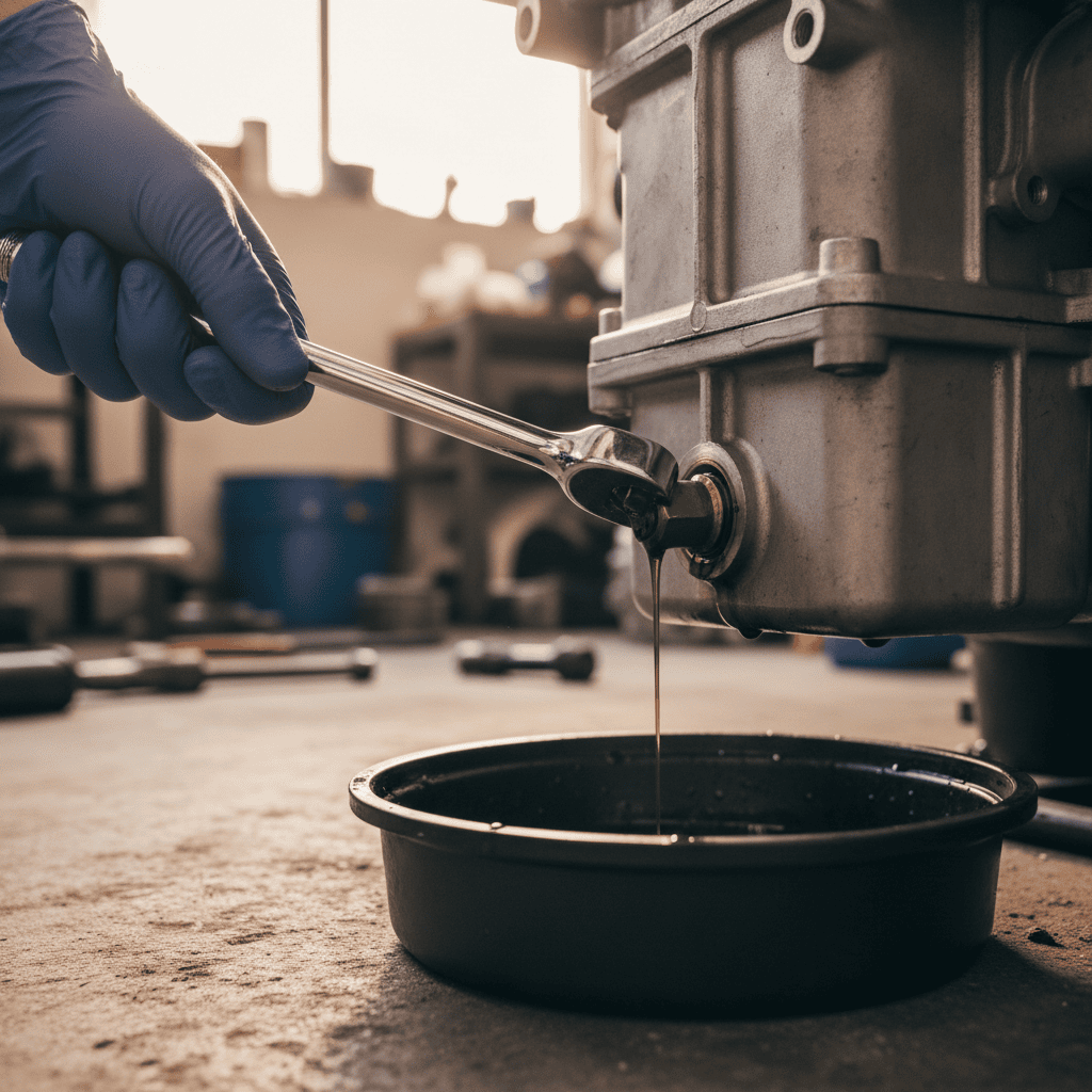 Gloved hand loosening an oil drain plug with a socket wrench over a drain pan under a lawn mower engine
