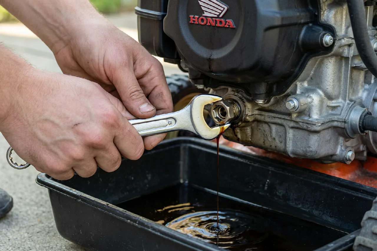 How to Change the Oil on a Honda Lawn Mower Removing the drain plug from a Honda lawn mower engine to drain used oil