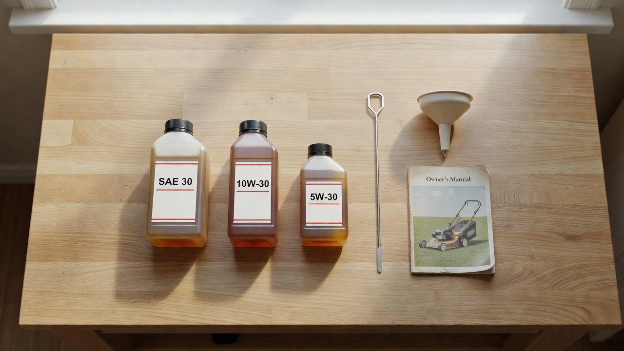 SAE 30, 10W-30, and 5W-30 engine oil bottles with a dipstick and funnel on a workbench