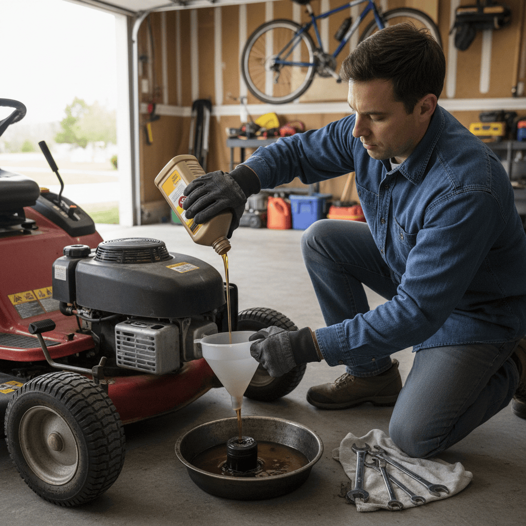 Homeowner preparing to add new oil to a red riding lawn mower