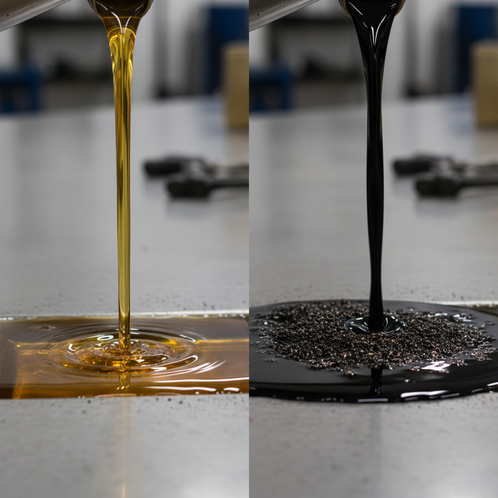 Comparison of clean new motor oil versus dirty used motor oil
