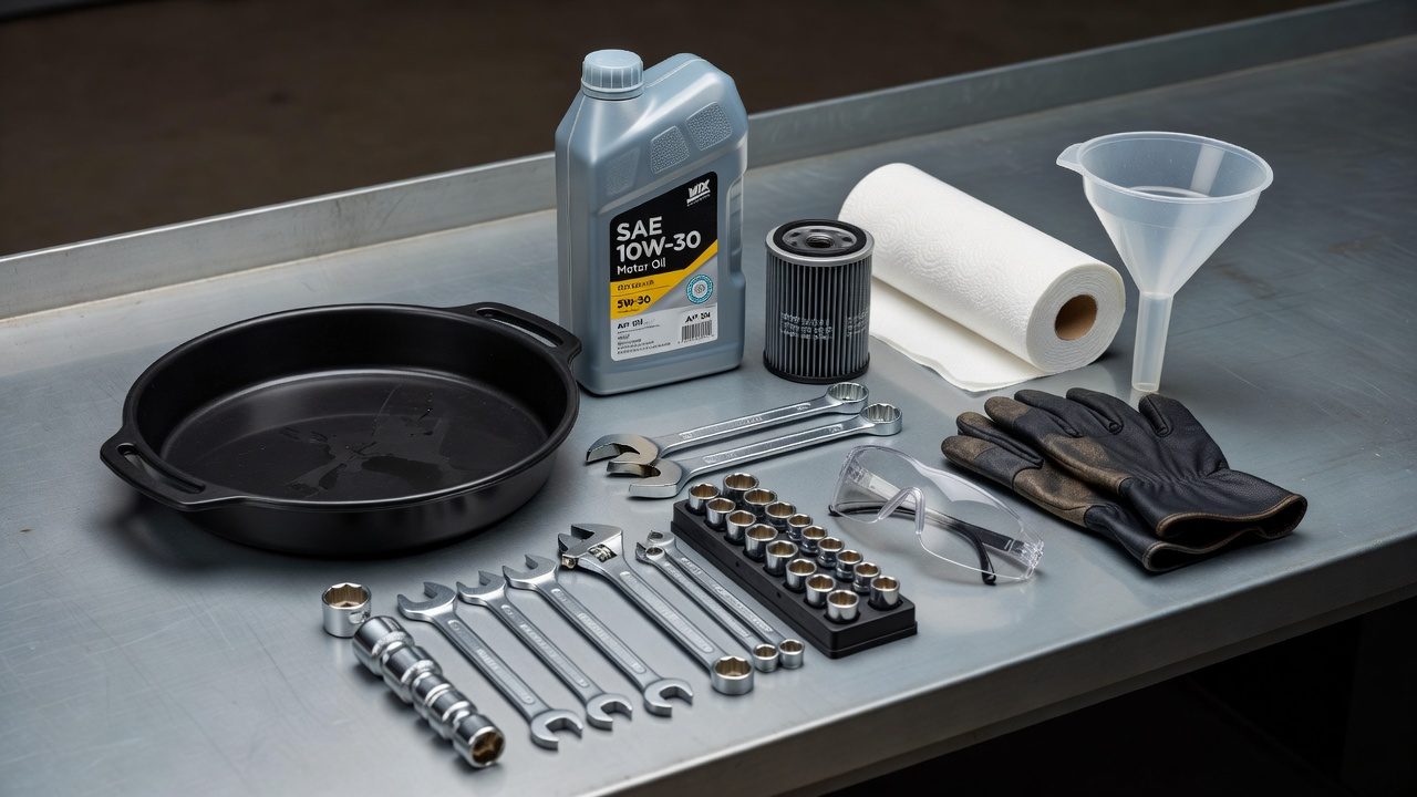 Oil change supplies and tools laid out on a workbench, including oil, filter, wrenches, drain pan, and safety gear
