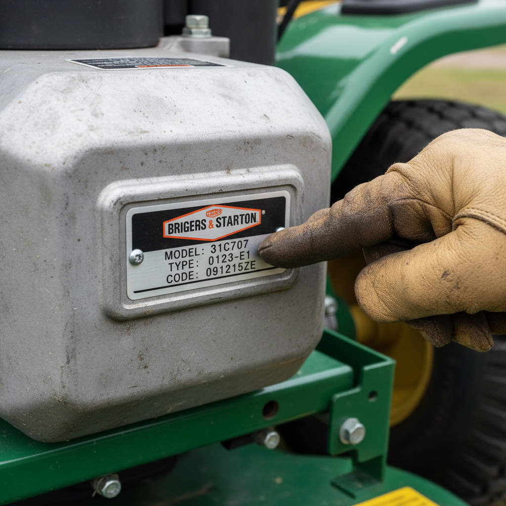 Engine manufacturer label on a mower showing model and specification numbers with a gloved hand pointing to the information