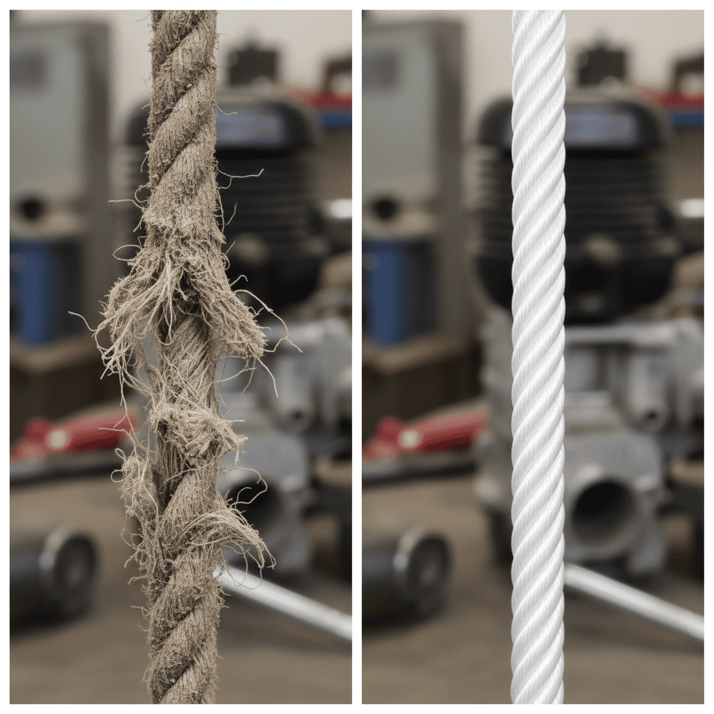 Comparison of a worn, frayed pull rope and a new, intact replacement rope.