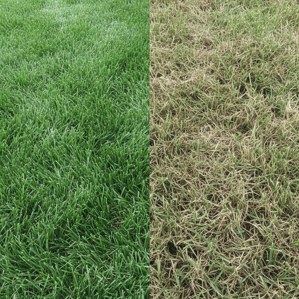 Comparison of healthy cut grass versus torn grass from dull mower blades
