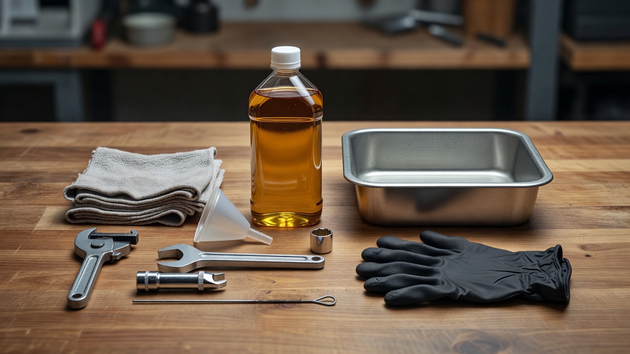 Flat-lay arrangement of oil change supplies including motor oil, funnel, drain pan, wrenches, gloves, and rags