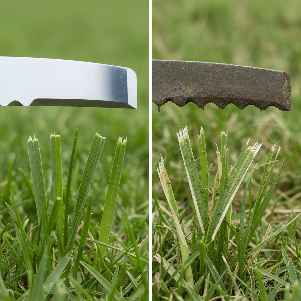 Comparison of clean-cut grass from sharp blades versus torn grass from dull blades