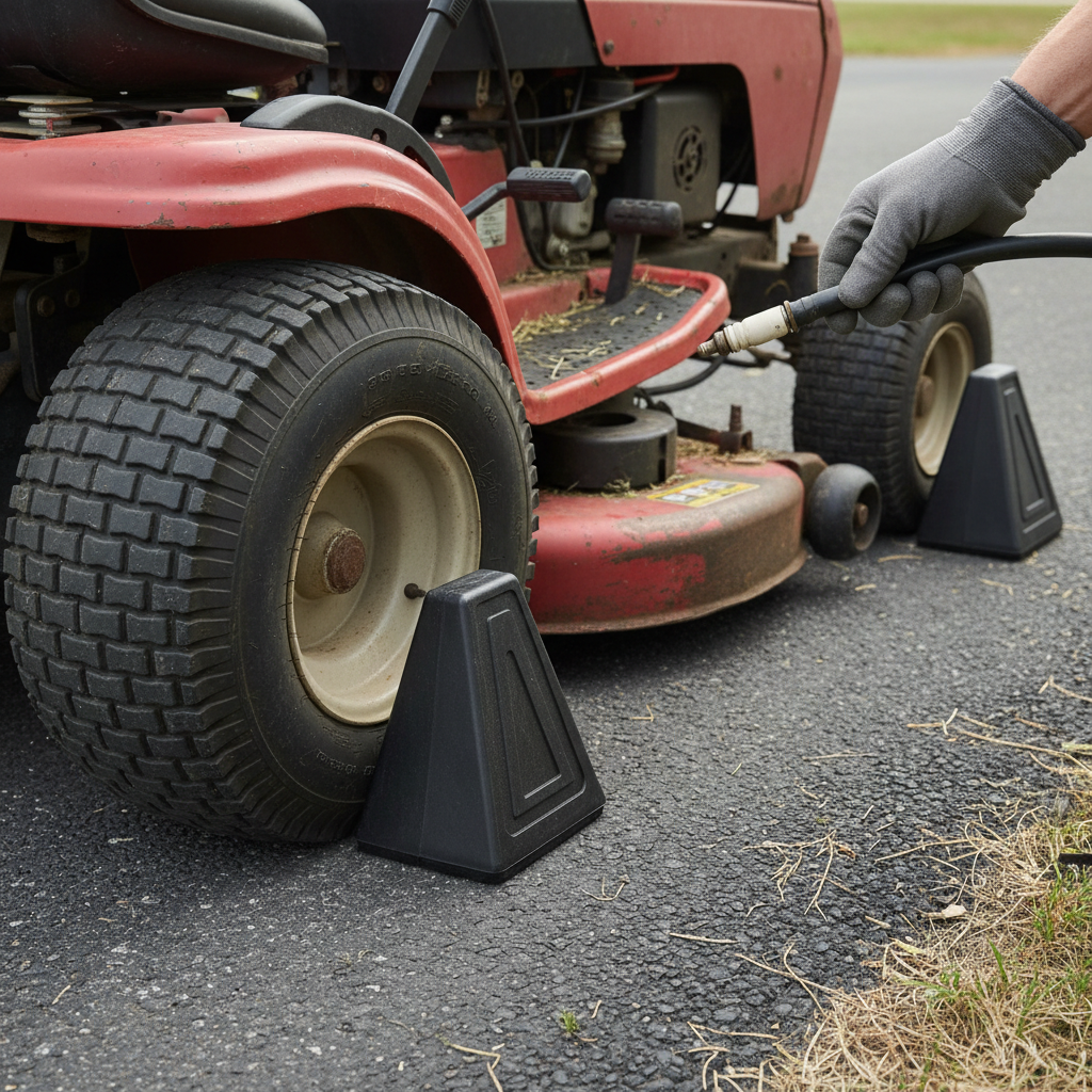 How To Change Riding Mower Blades Without Removing Deck A chocked riding-mower tire and a gloved hand holding a disconnected spark-plug lead.