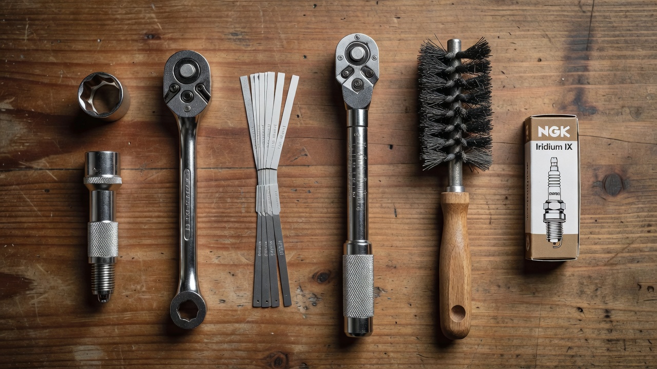 Flat-lay of spark plug replacement tools including socket wrench, feeler gauge, torque wrench, and wire brush on a workbench