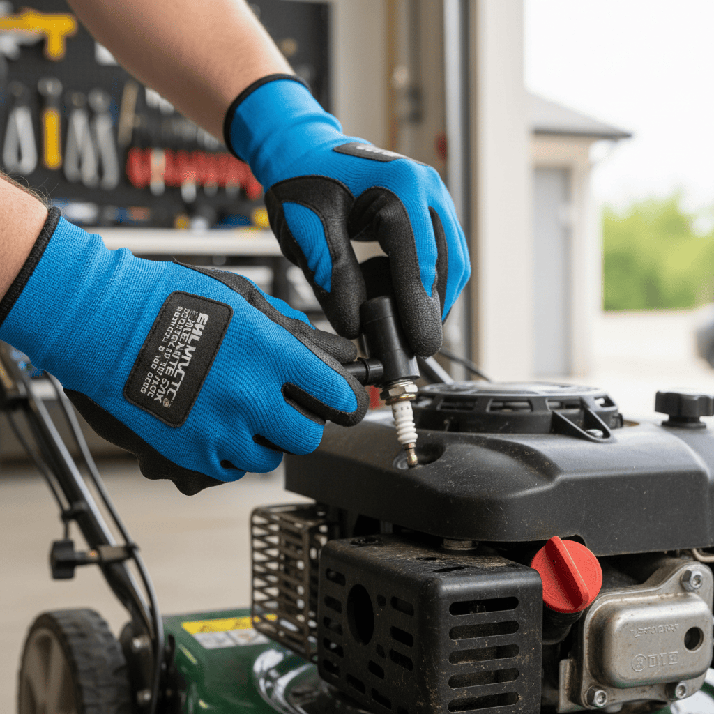 Hands disconnecting spark plug wire from lawn mower engine with proper safety grip