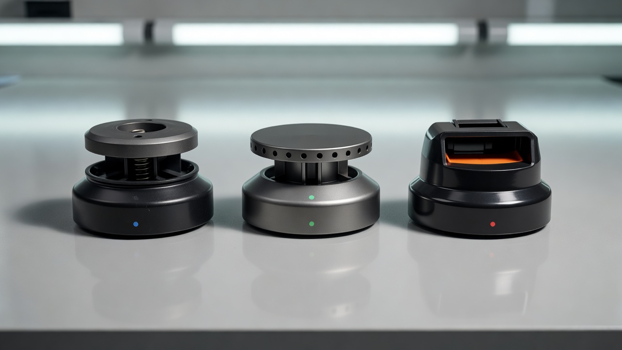 Three different trimmer head types showing bump-feed, fixed-line and easy-load mechanisms on a workbench