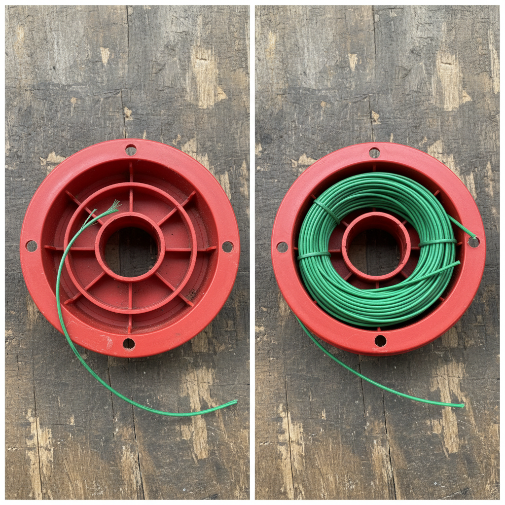 How Do You Change String in a Weed Eater? (Step-by-Step Guide) Comparison of worn trimmer line versus freshly wound new line on a spool