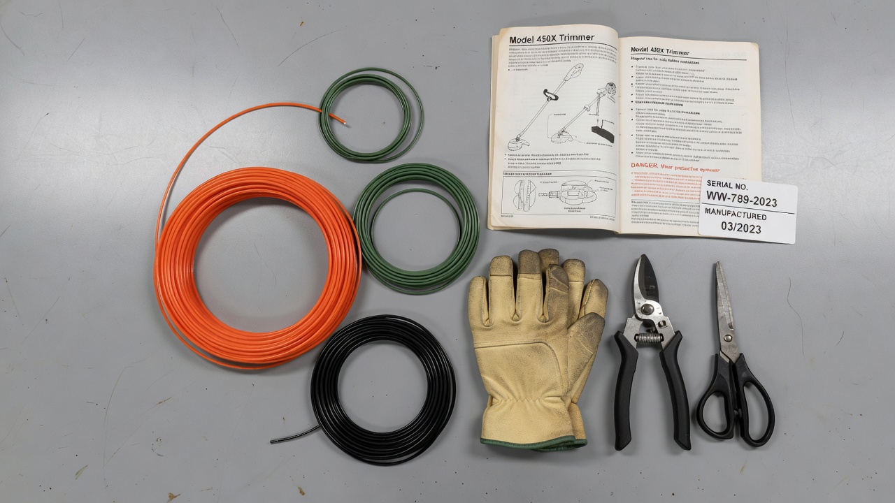 Weed wacker replacement supplies arranged flat: line, gloves, cutters, and manual