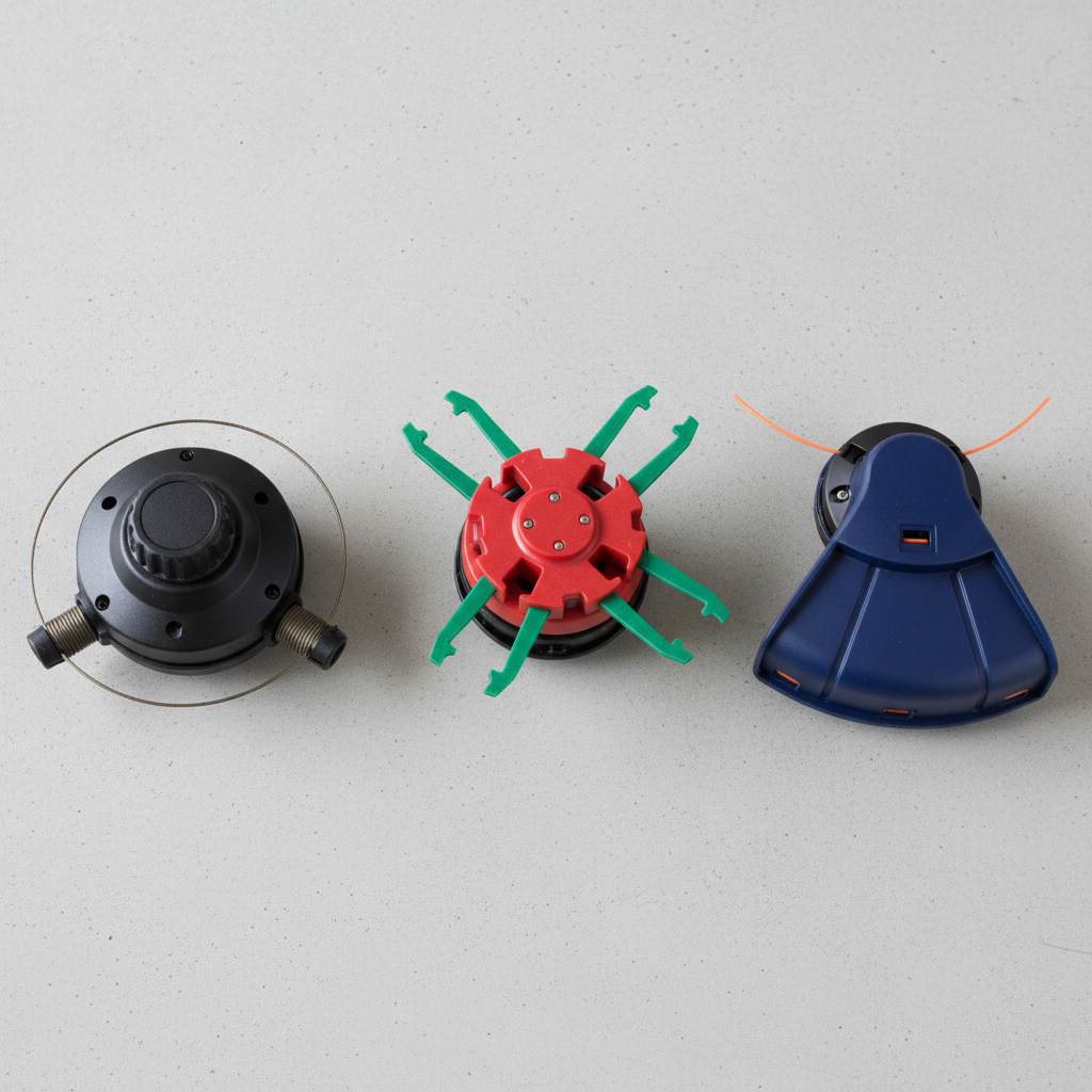 Three different types of weed wacker trimmer heads: bump-feed, fixed-line, and auto-feed.