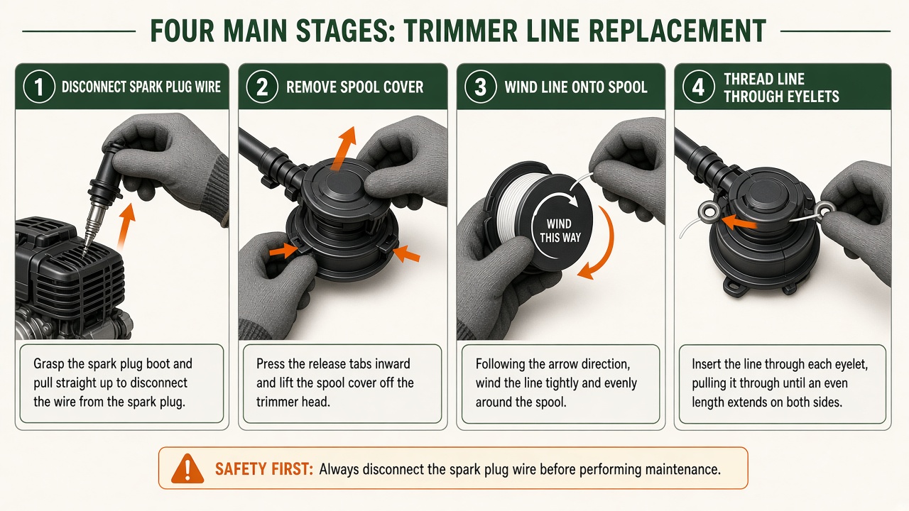 Four-stage illustration of weed eater string replacement process