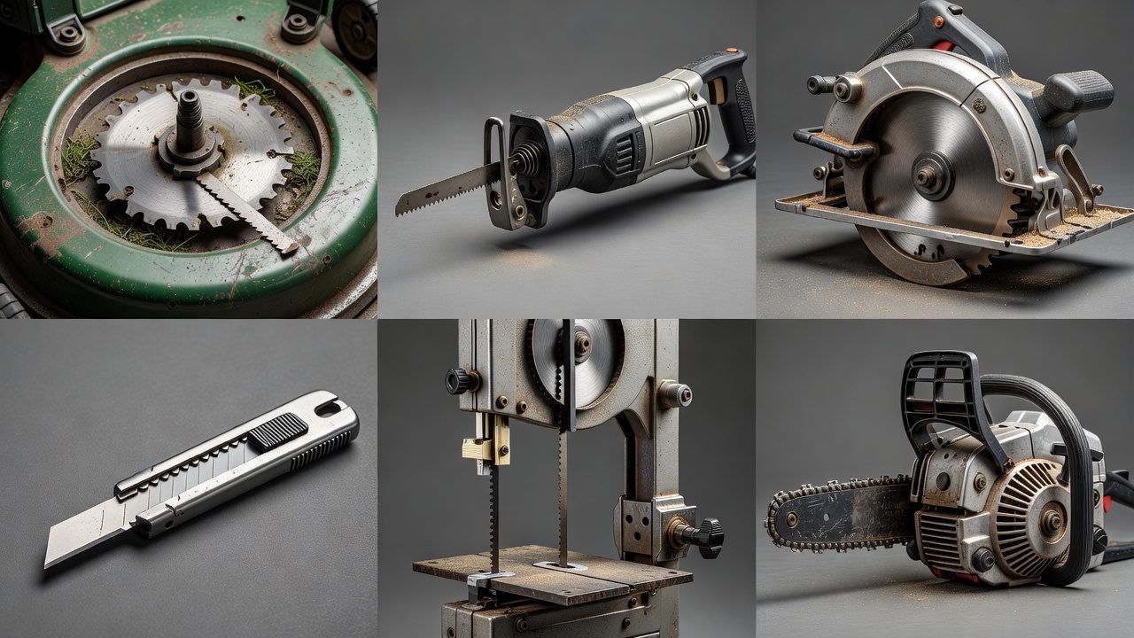 Six common tools with replaceable blades arranged in a grid: lawn mower, reciprocating saw, circular saw, utility knife, band saw, and chainsaw