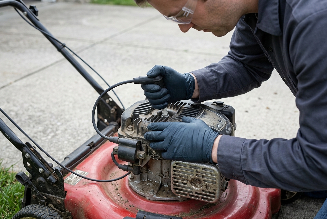 Gloved hands hold a disconnected spark-plug boot away from a walk-behind mower engine.