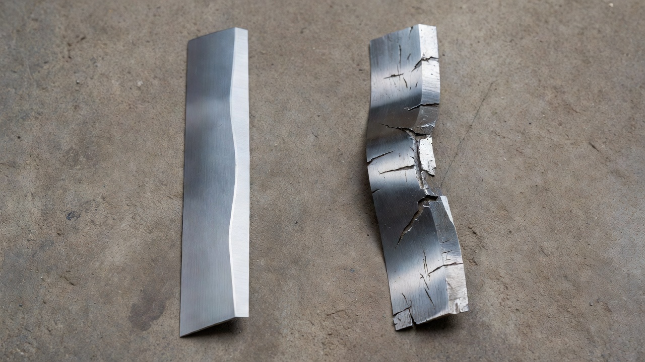 Side-by-side comparison of a straight sharp riding mower blade next to a bent gouged blade due for replacement
