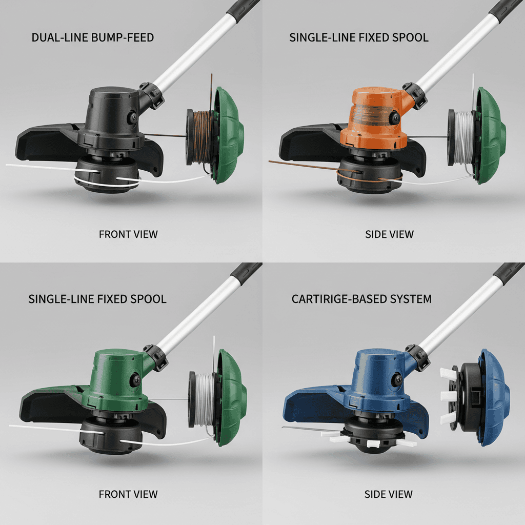 Four different types of weed eater trimmer heads displayed side-by-side showing dual-line bump-feed, single-line fixed spool, automatic-feed, and cartridge-based designs