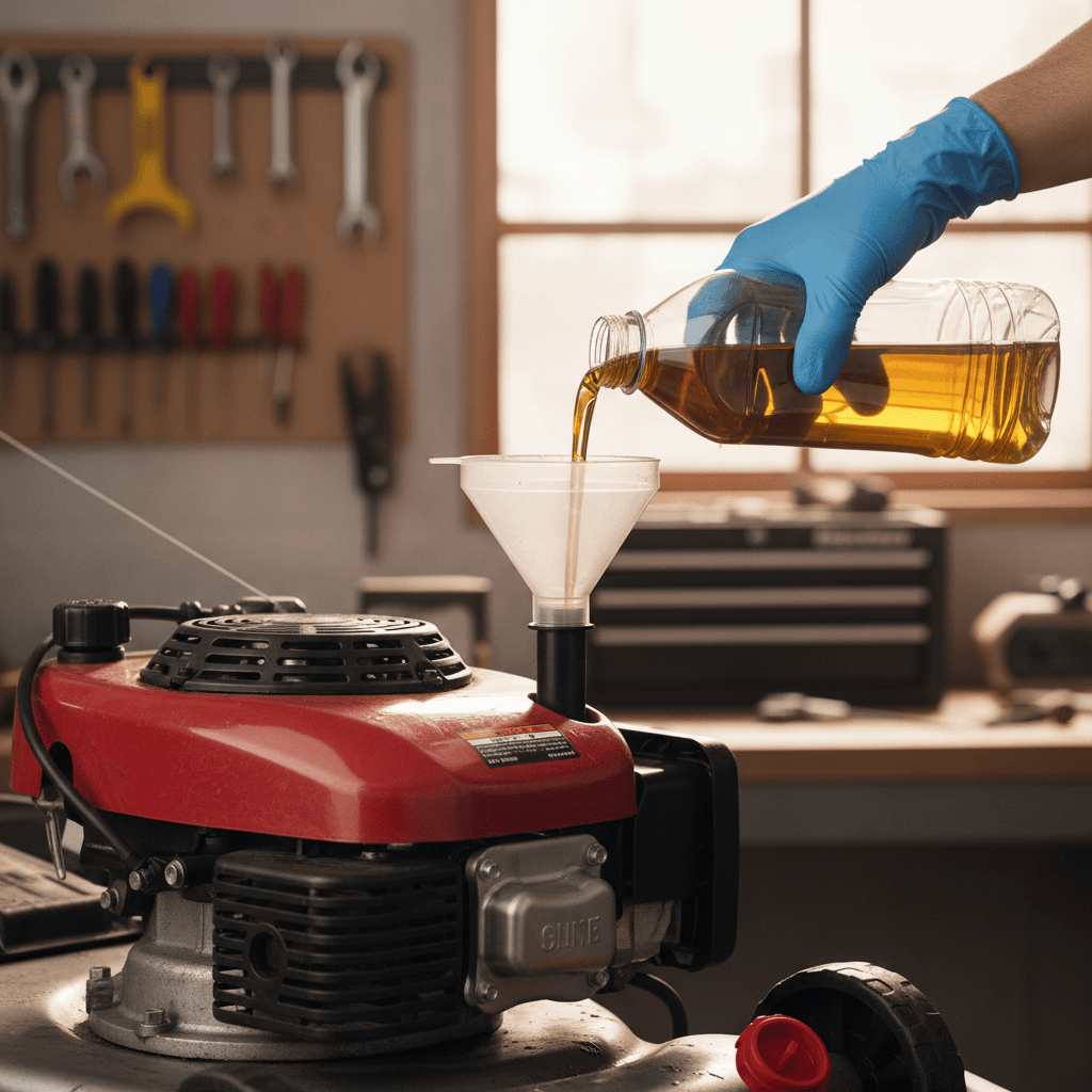 Hand pouring fresh oil into a lawn mower engine through a funnel