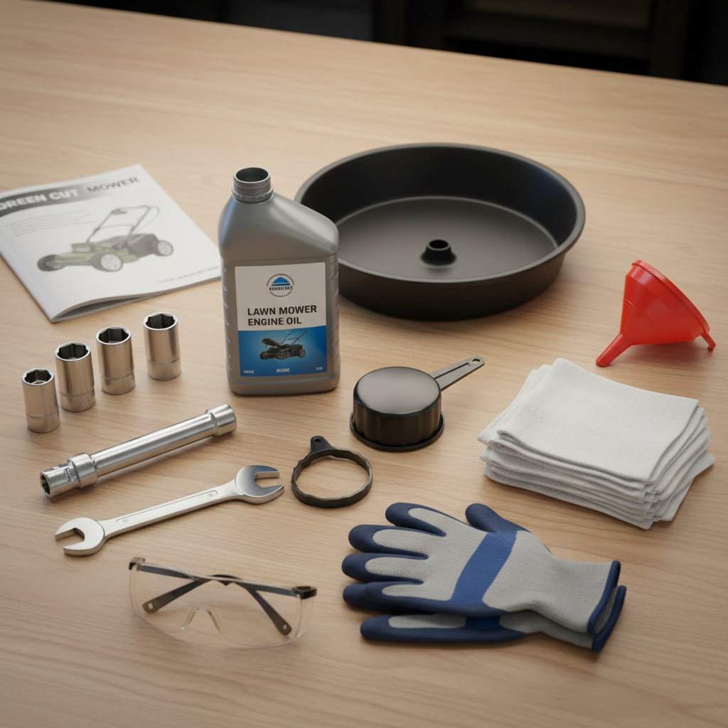 How Do I Change the Oil in a Husqvarna Lawn Mower? (Step-by-Step Guide) Complete set of tools and materials needed for an oil change laid out on a work surface