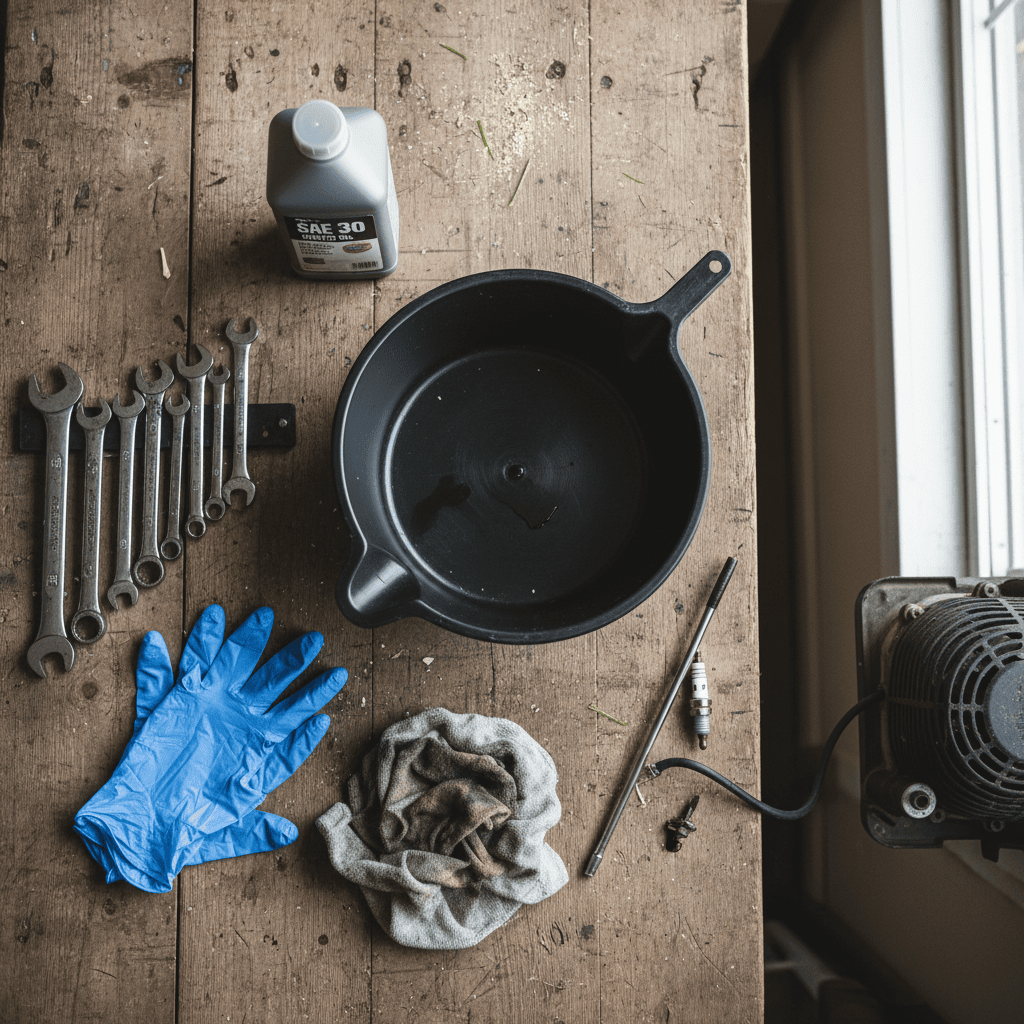 Lawn mower oil change tools and materials organized on workbench