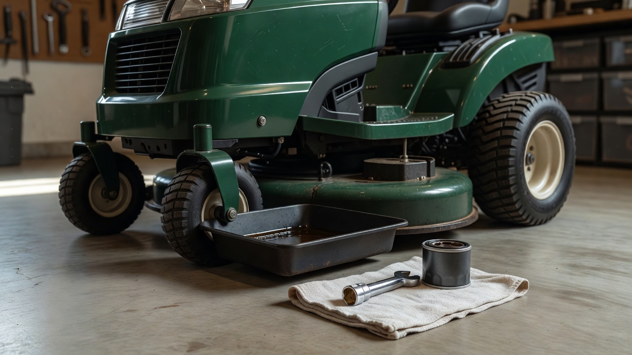 Riding lawn mower prepared for an oil change with a drain pan and tools nearby
