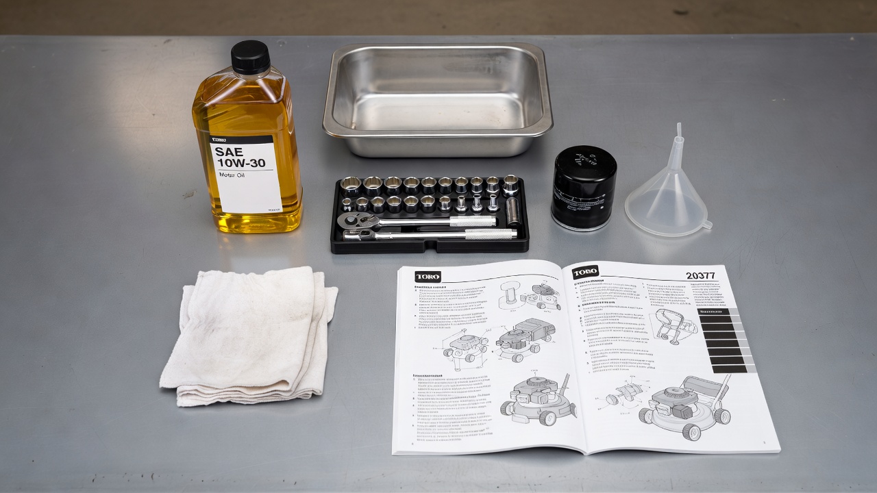Oil change supplies laid out on a workbench next to a Toro mower manual