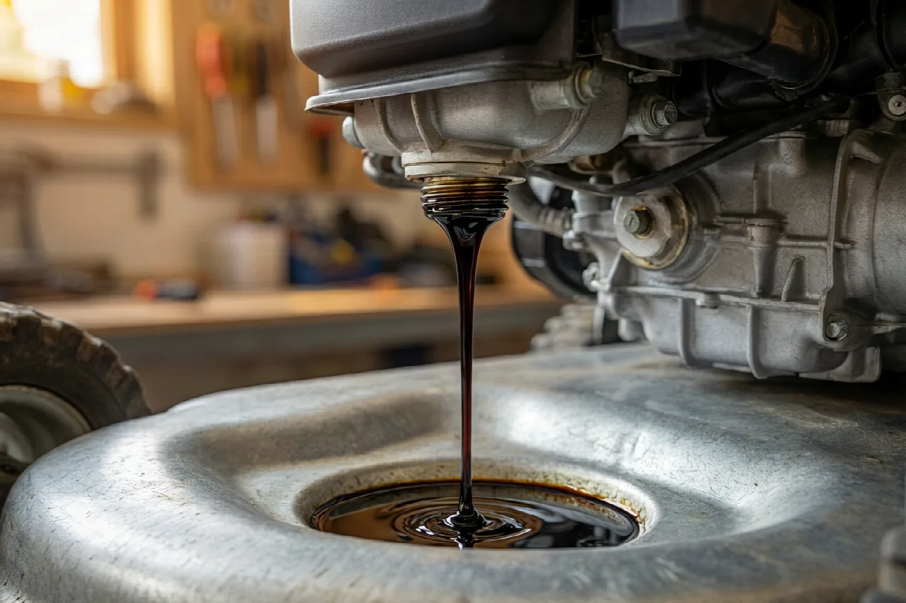 Drain pan catching oil draining from a lawn mower engine