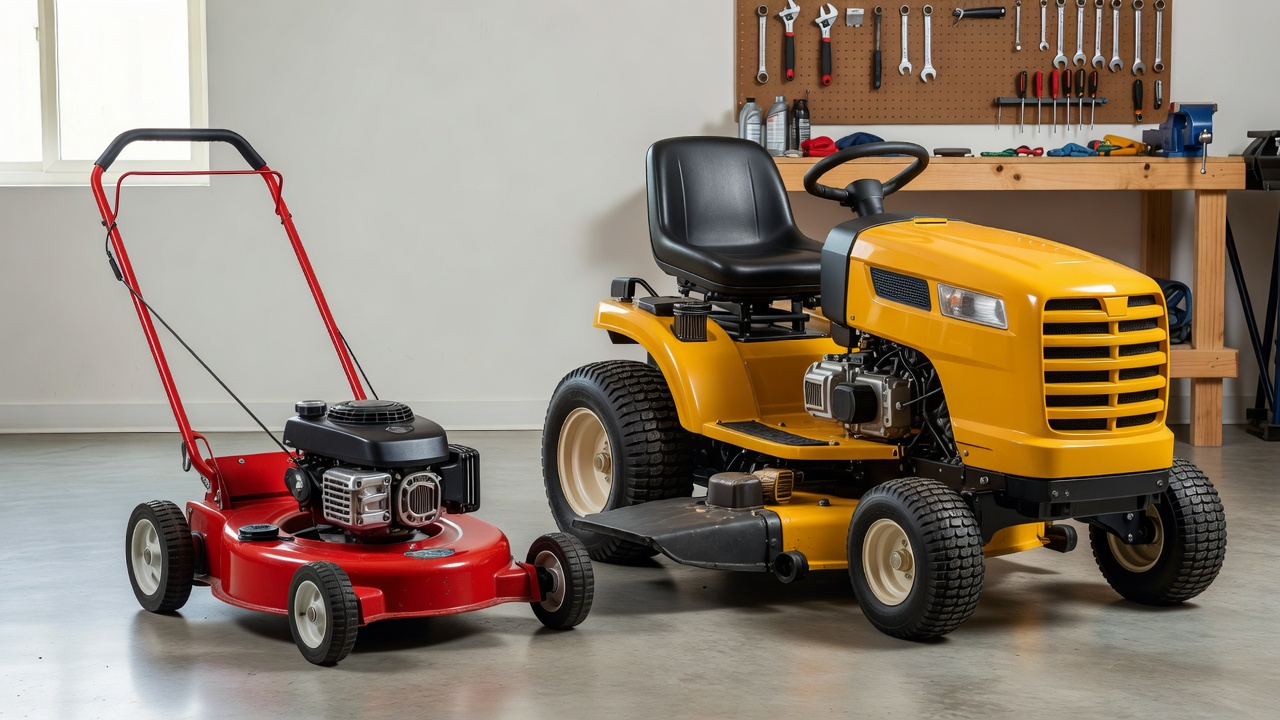 Push mower and riding tractor side by side in garage setting