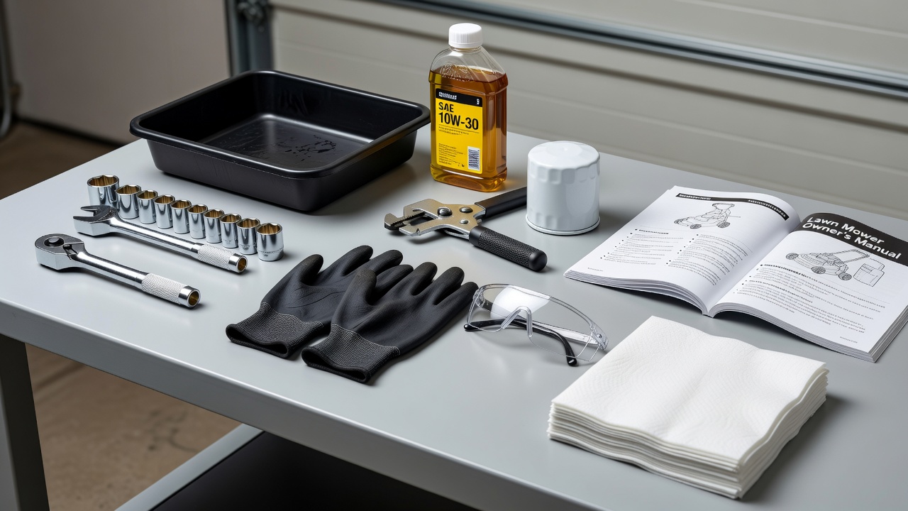 Organized collection of tools and materials needed for lawn mower oil change