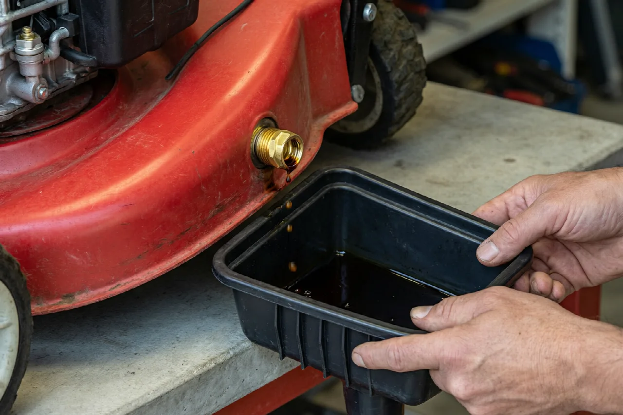 Hands draining old oil from a Husqvarna lawn mower engine into a catch pan