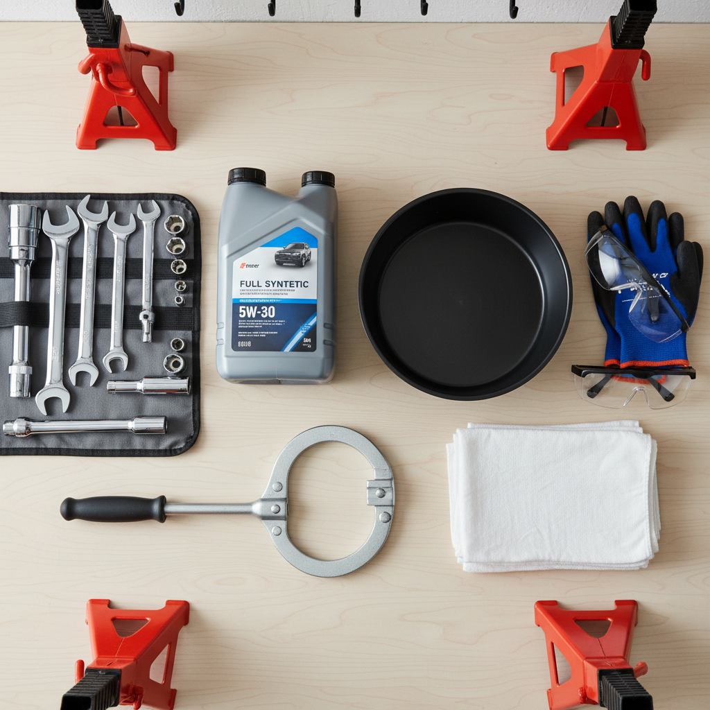 Complete set of tools and materials needed for a lawn mower oil change neatly arranged
