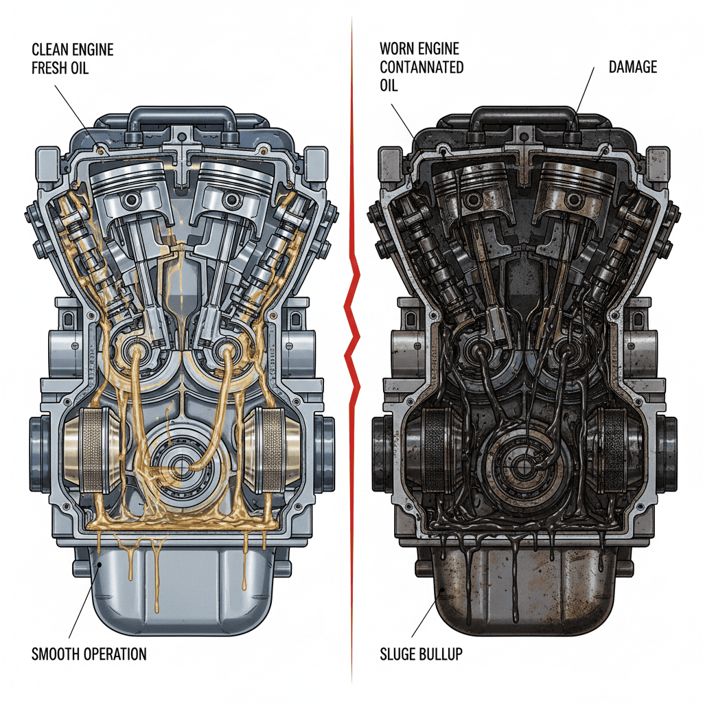 Comparison of clean versus contaminated engine oil and internal damage
