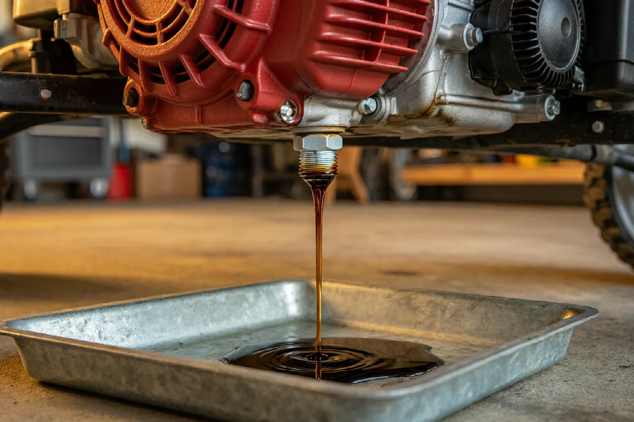 Oil draining from a lawn mower engine into a drain pan