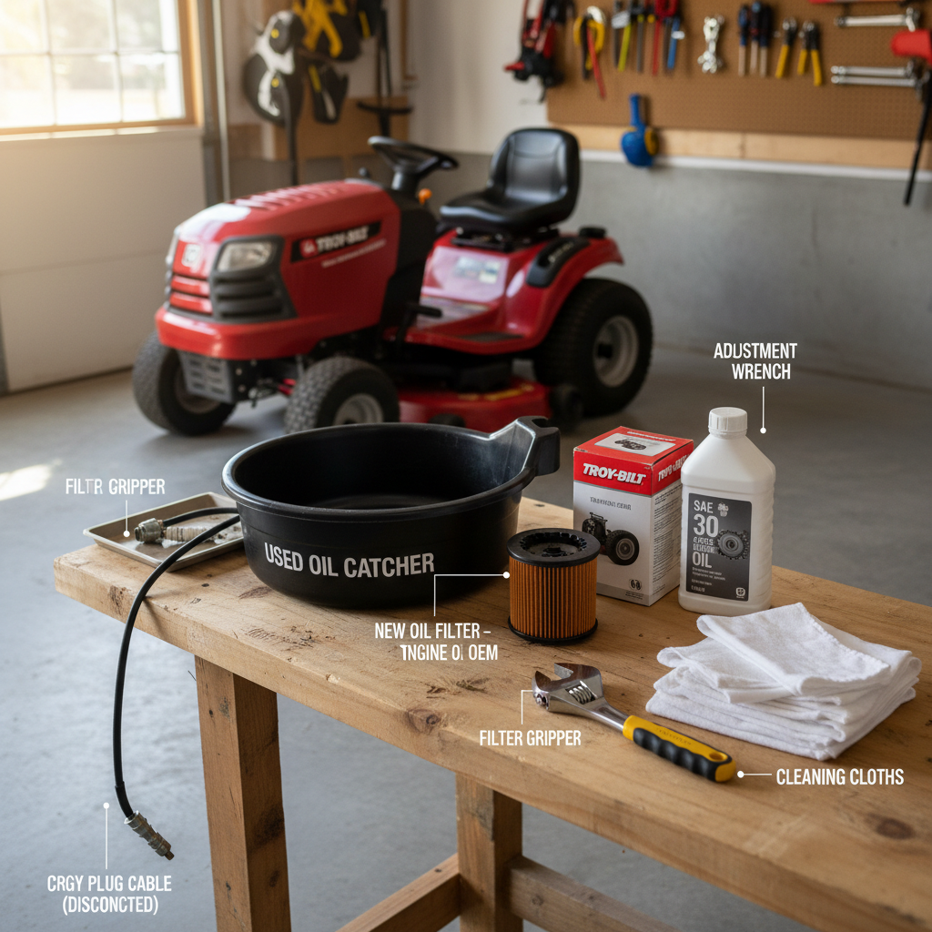 Oil change materials and tools organized on workbench next to parked mower