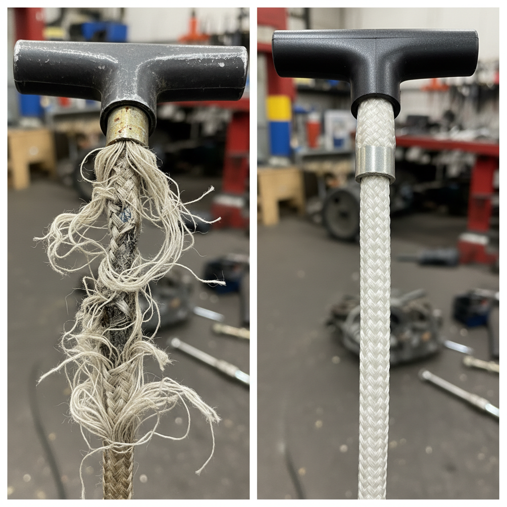 When to Replace Your Lawn Mower Pull String Side-by-side comparison of worn and frayed starter rope versus new intact rope