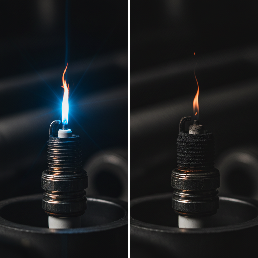 Why You Need to Replace Your Lawn Mower Spark Plug Healthy spark plug with strong spark versus fouled spark plug with weak ignition