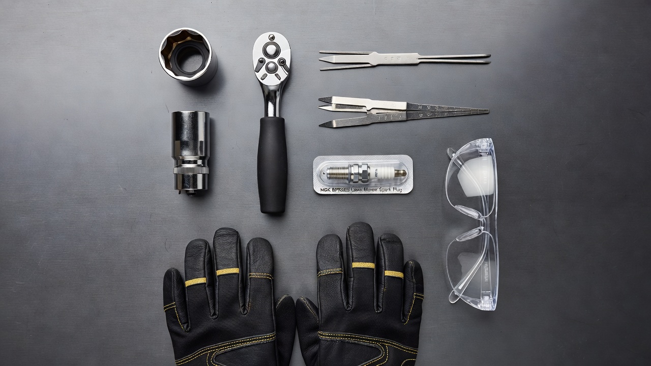 Lawn mower spark plug replacement tools arranged on a workbench including socket wrench, spark plug socket, gapping tool, new plug, and safety gear