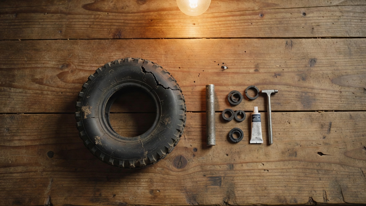 Mower tire with sidewall cracking laid next to a rubber plug repair kit on a workbench