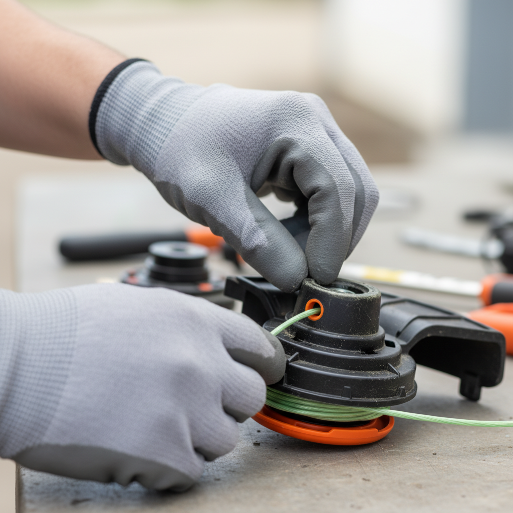 Gloved hands threading trimmer line through the eyelet of an open trimmer head